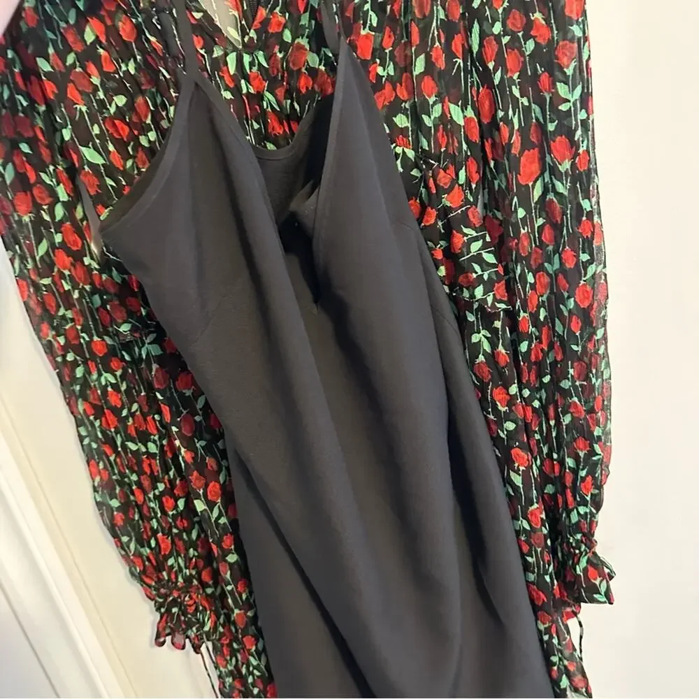 The Kooples Black Red Floral Silk Long Sleeve Mini Dress Small